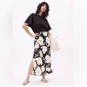 RW&CO Black Floral Linen Blend Maxi Skirt Straight Silhouette With Fluid Drape